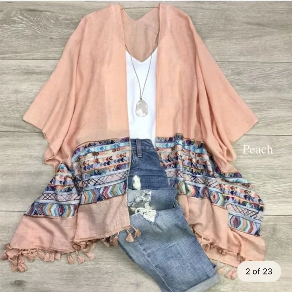 Brandie Peach Embroidered Open Front Tassel Detail Kimono - Picture 7 of 13